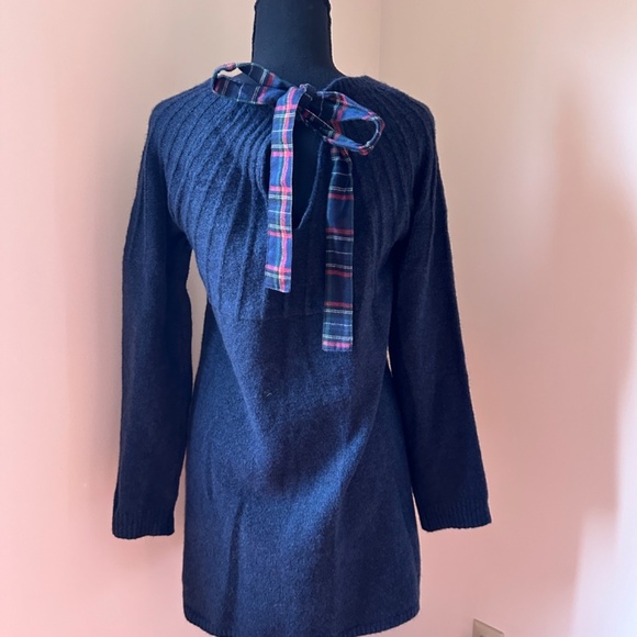 **BLUE RAIN* Blue x Red Long Sleeve x Plaid Tie-Back Sweater Dress Size Small - Picture 4 of 7